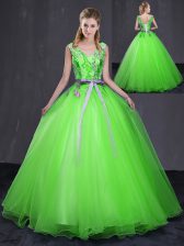  Floor Length Quinceanera Dresses Tulle Sleeveless Appliques and Belt