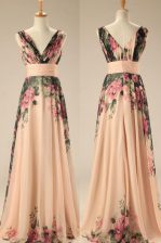  Sweep Train A-line Prom Dresses Champagne V-neck Chiffon Sleeveless Zipper