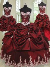  Four Piece Wine Red Lace Up Quinceanera Gowns Beading and Appliques and Pick Ups Sleeveless Floor Length