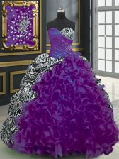 Delicate Purple Ball Gowns Sweetheart Sleeveless Organza and Printed With Brush Train Lace Up Beading and Ruffles and Pattern Quinceanera Gown