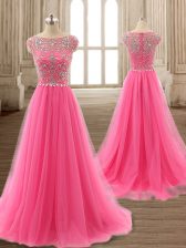 Affordable Scoop Rose Pink Cap Sleeves Beading Zipper Prom Evening Gown