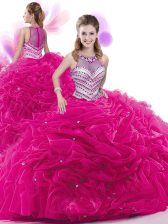 Admirable Ruffles and Pick Ups 15th Birthday Dress Fuchsia Zipper Sleeveless Court Train