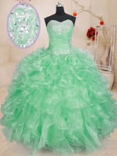  Apple Green Ball Gowns Beading and Ruffles and Pick Ups Quince Ball Gowns Lace Up Organza Sleeveless Floor Length