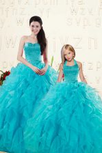  Aqua Blue Lace Up Quince Ball Gowns Beading and Ruffles Sleeveless Floor Length