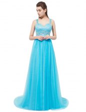 Customized Aqua Blue Empire Straps Sleeveless Tulle With Brush Train Zipper Beading Prom Party Dress