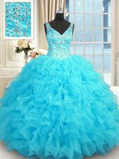  Baby Blue Sleeveless Organza Zipper Quinceanera Dresses for Military Ball and Sweet 16 and Quinceanera