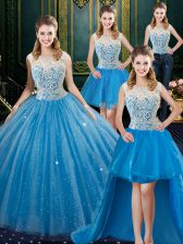  Four Piece Sleeveless Brush Train Zipper Floor Length Lace Quinceanera Gown