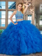 Popular Scoop Floor Length Two Pieces Sleeveless Blue Quinceanera Dresses Backless