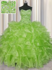  Visible Boning Beading and Ruffles Quinceanera Gown Yellow Green Lace Up Sleeveless Floor Length