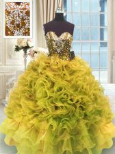  Gold Organza Lace Up Quinceanera Dresses Sleeveless Floor Length Beading and Ruffles