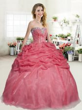  Beading and Pick Ups Quinceanera Dresses Coral Red Lace Up Sleeveless Floor Length