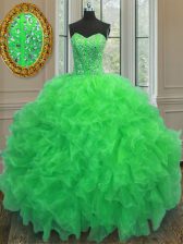  Green Sweetheart Neckline Beading and Ruffles Quinceanera Gown Sleeveless Lace Up