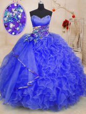  Sleeveless Floor Length Beading and Ruffles Lace Up Ball Gown Prom Dress with Royal Blue