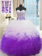 White And Purple Lace Up Quinceanera Dresses Beading and Ruffles Sleeveless Floor Length
