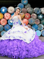Custom Fit White And Purple Organza Lace Up Sweetheart Sleeveless Floor Length Sweet 16 Quinceanera Dress Appliques and Embroidery and Ruffles