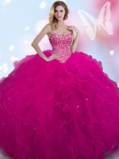 Cheap Sleeveless Tulle Floor Length Lace Up 15th Birthday Dress in Fuchsia with Beading
