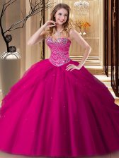  Fuchsia Tulle Lace Up Quinceanera Dress Sleeveless Floor Length Beading