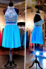  Halter Top Baby Blue A-line Beading Prom Dress Backless Tulle Sleeveless Knee Length