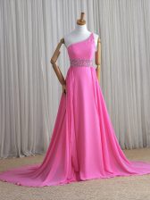  One Shoulder Chiffon Sleeveless Brush Train and Beading