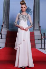 Adorable Scoop White 3 4 Length Sleeve Floor Length Beading and Appliques Zipper Prom Party Dress