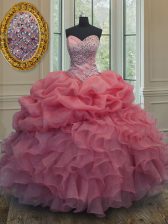 Glittering Sweetheart Sleeveless Quinceanera Gowns Floor Length Beading and Ruffles and Pick Ups Pink Organza