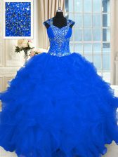 Amazing Royal Blue Ball Gowns Beading and Ruffles Sweet 16 Quinceanera Dress Lace Up Organza Cap Sleeves Floor Length