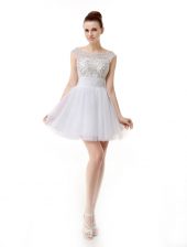  Scoop Beading and Ruching Prom Gown White Zipper Cap Sleeves Mini Length
