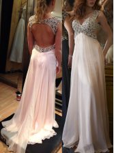 Sweet Backless Prom Party Dress Pink for Prom and Party with Ruching Brush Train
