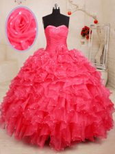  Coral Red Ball Gowns Beading and Ruffles and Sequins and Hand Made Flower Sweet 16 Dress Lace Up Organza Sleeveless Floor Length