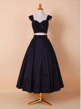  Straps Tea Length Black Prom Gown Elastic Woven Satin Sleeveless Ruching