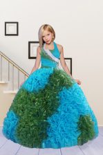 Fancy Baby Blue and Green Ball Gowns Fabric With Rolling Flowers Halter Top Sleeveless Beading and Ruffles Floor Length Lace Up Little Girls Pageant Dress