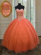 Fitting Orange Red Ball Gowns Sweetheart Sleeveless Organza Floor Length Lace Up Sequins 15 Quinceanera Dress