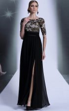  Scoop Black Half Sleeves Chiffon Zipper Prom Evening Gown for Prom and Party