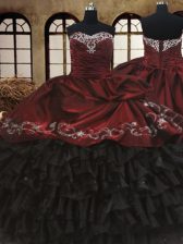 Perfect Red And Black Lace Up 15 Quinceanera Dress Beading and Embroidery and Ruffled Layers Sleeveless Floor Length