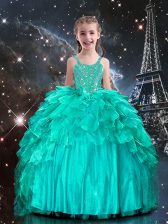  Floor Length Lace Up Kids Formal Wear Aqua Blue for Party and Wedding Party with Beading and Ruffles