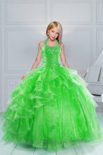Cute Green Organza Lace Up Halter Top Sleeveless Floor Length Kids Formal Wear Beading and Ruffles
