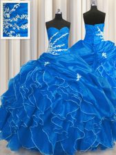 Dramatic Sweetheart Sleeveless Quinceanera Gowns Floor Length Beading and Appliques and Ruffles Blue Organza