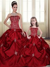 Lovely Floor Length Wine Red Quinceanera Gowns Taffeta Sleeveless Embroidery and Pick Ups