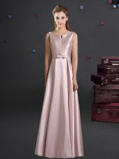 Smart Straps Sleeveless Quinceanera Dama Dress Floor Length Bowknot Pink Elastic Woven Satin