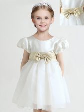  Scoop White Short Sleeves Knee Length Bowknot Zipper Flower Girl Dresses