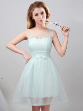  Scoop Apple Green Lace Up Dama Dress for Quinceanera Lace and Appliques and Belt Sleeveless Mini Length