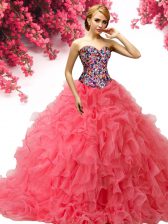  With Train Ball Gowns Sleeveless Coral Red 15th Birthday Dress Brush Train Lace Up