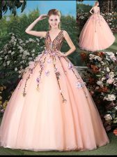 High Quality With Train Peach Quinceanera Dresses V-neck Sleeveless Brush Train Lace Up