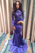 Best Selling Mermaid Elastic Woven Satin High-neck Long Sleeves Brush Train Backless Lace in Purple