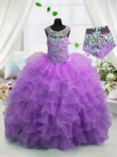  Ruffled Scoop Sleeveless Lace Up Kids Formal Wear Lavender Organza