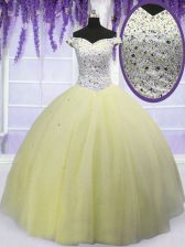  Off the Shoulder Light Yellow Lace Up Ball Gown Prom Dress Beading Short Sleeves Floor Length