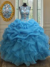 Cute Scoop See Through Sleeveless Lace Up Floor Length Beading and Ruffles and Pick Ups Quince Ball Gowns