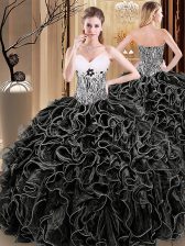 Artistic Black Organza Lace Up Ball Gown Prom Dress Sleeveless Floor Length Ruffles and Pattern