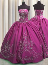  Fuchsia Quince Ball Gowns Military Ball and Sweet 16 and Quinceanera with Beading and Embroidery Strapless Sleeveless Lace Up