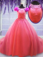 High Class Scoop Watermelon Red Ball Gowns Hand Made Flower Sweet 16 Quinceanera Dress Lace Up Tulle Short Sleeves